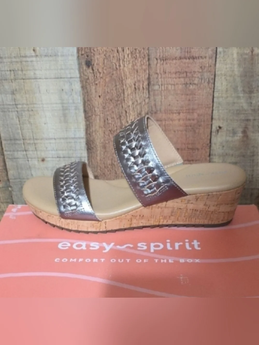Easy Spirit Silver Metallic Two-Band Cork Wedge Slide